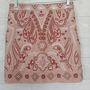 VERTE Embroidered Mini Skirt Pleather Faux Leather Pink Boho Chic Large